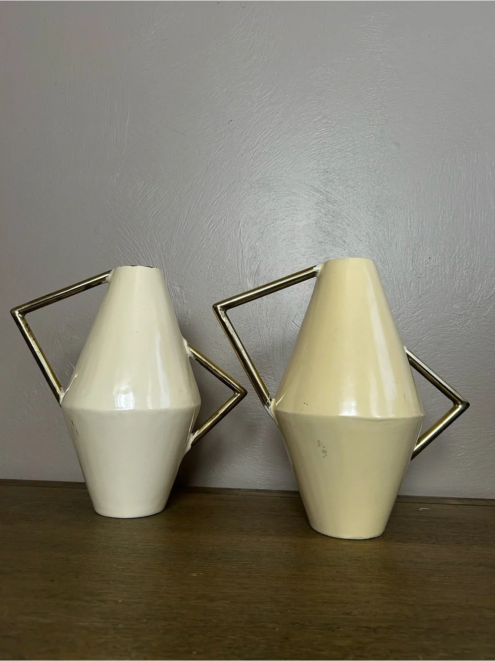 Atipico Kora Vase Style Neutral Metal Geometric Vase with Gold Handle-Set of 2.